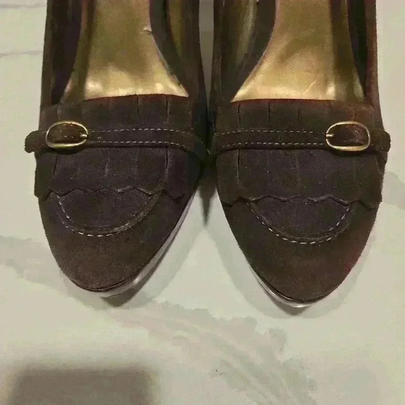 Ann Taylor Loft Kiltie Buckle Stacked Platform Heel Brown Suede Womens Size 8.5 - Picture 3 of 6